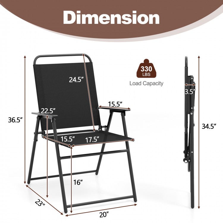 Dimension illustration of Outdoor Folding Sling Chair in black, featuring a 330 lbs load capacity and foldable design.