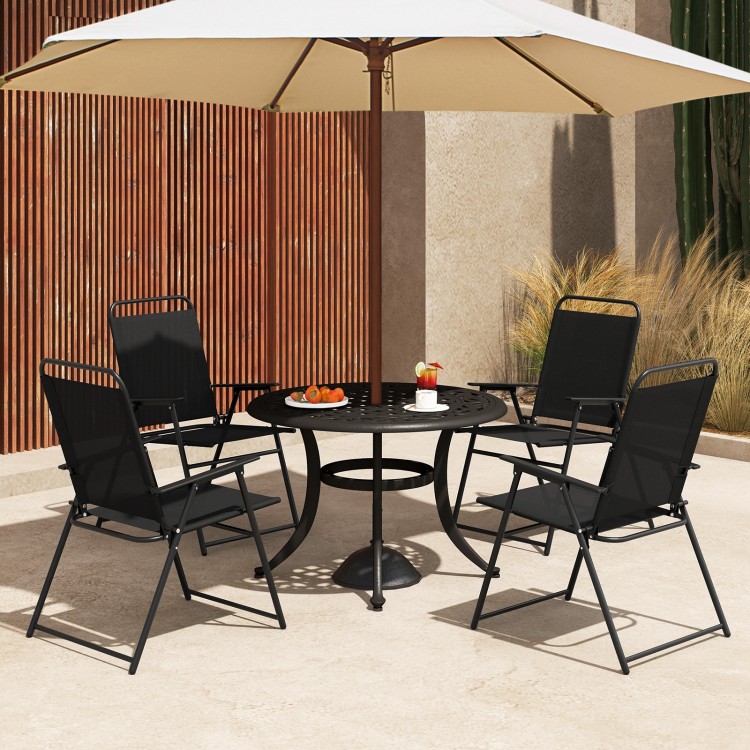 Black outdoor folding sling chairs with armrests and backrests, perfect for patio dining and easy storage.