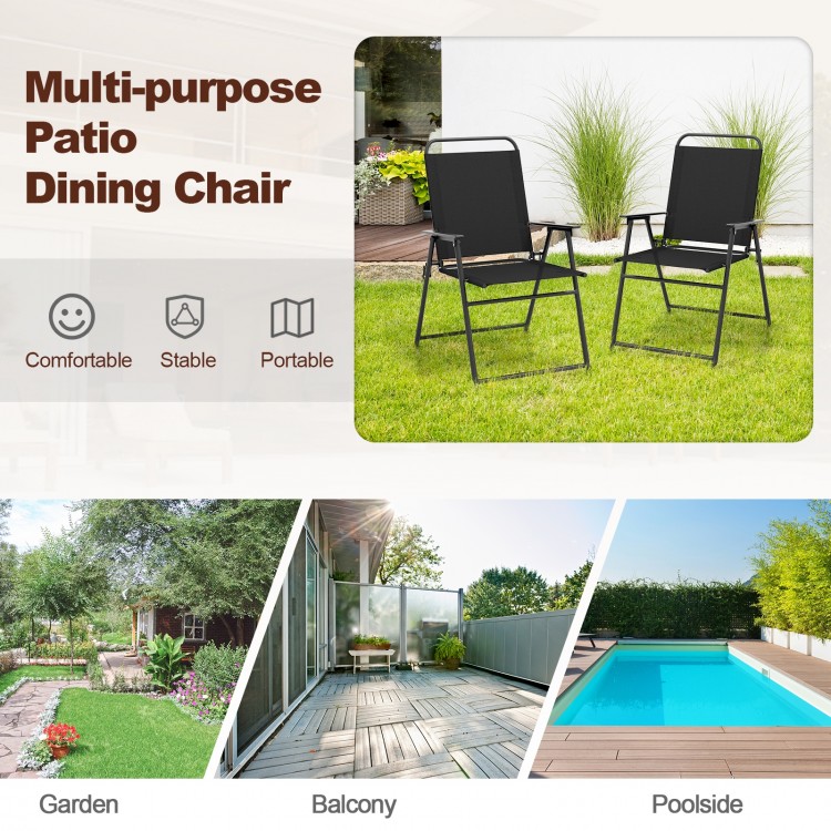 Black outdoor folding sling chairs with armrests, featuring a comfortable fabric surface for garden or poolside use.