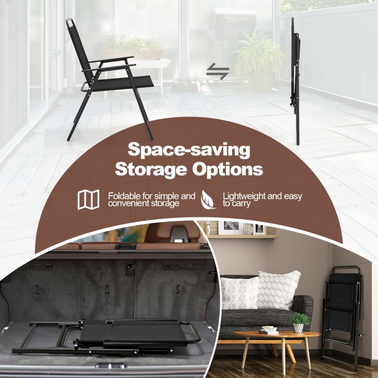 Black outdoor folding sling chair with armrest, showcasing space-saving storage and lightweight design for easy.