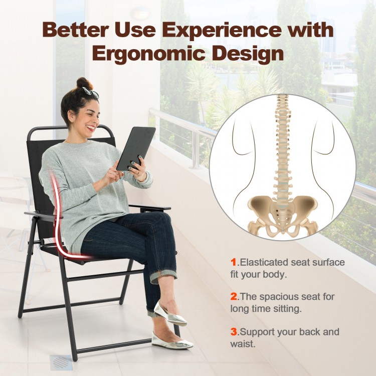 Outdoor folding sling chair in black with armrest and backrest, designed for comfort and easy storage, supports 330 lbs.