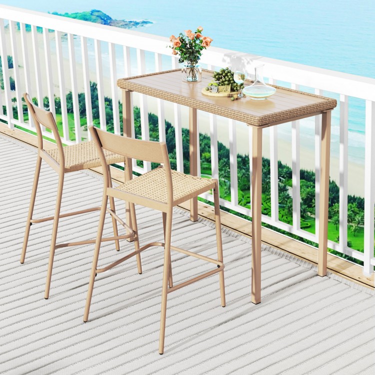 Patio bar table set featuring a height table and two stackable armless chairs, perfect for outdoor relaxation.