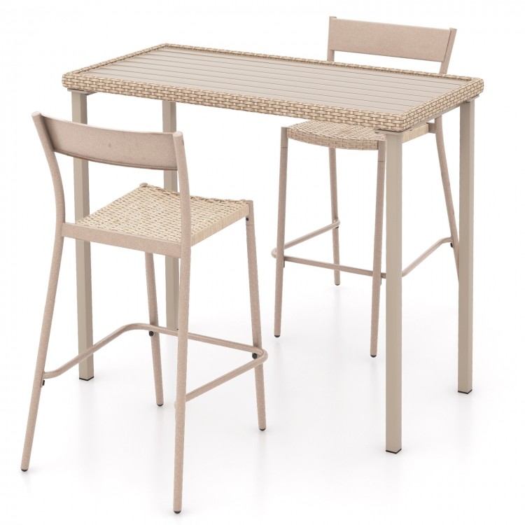 Patio bar table set featuring a height table and two stackable armless chairs with breathable rattan seats for outdoor.