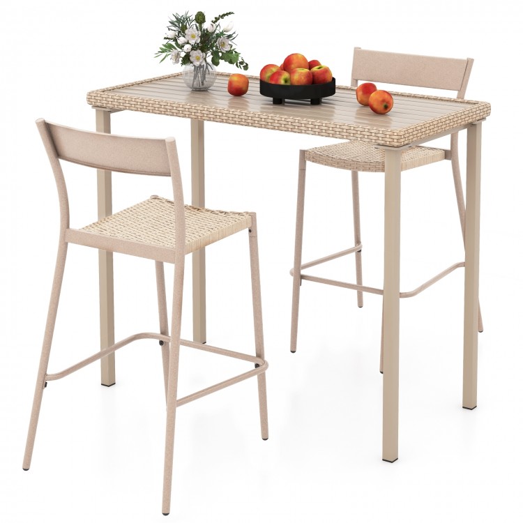 Patio bar table set with rattan seats and metal frame, ideal for outdoor dining in backyard or poolside settings.