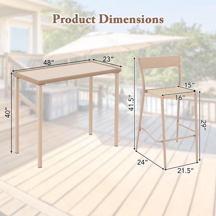 Dimensions of the 3 Pieces Patio Bar Table Set with height table and armless chairs, ideal for outdoor use.