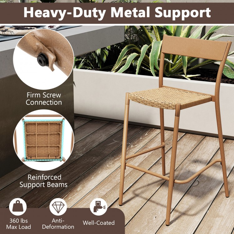 Patio bar stool with breathable rattan seat and sturdy metal frame, ideal for backyard or poolside relaxation.