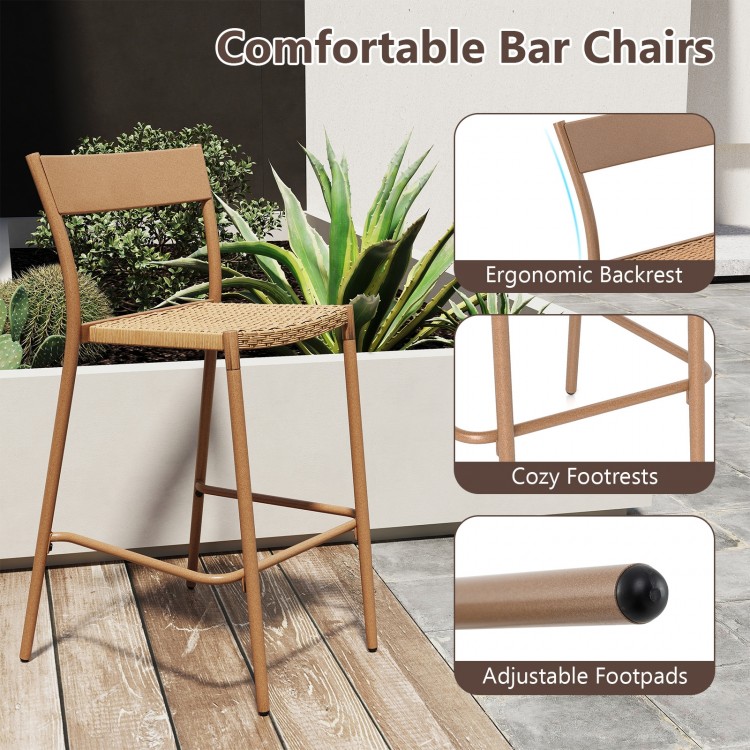 Ergonomic bar chair with breathable rattan seat and sturdy metal frame, perfect for patio and backyard settings.