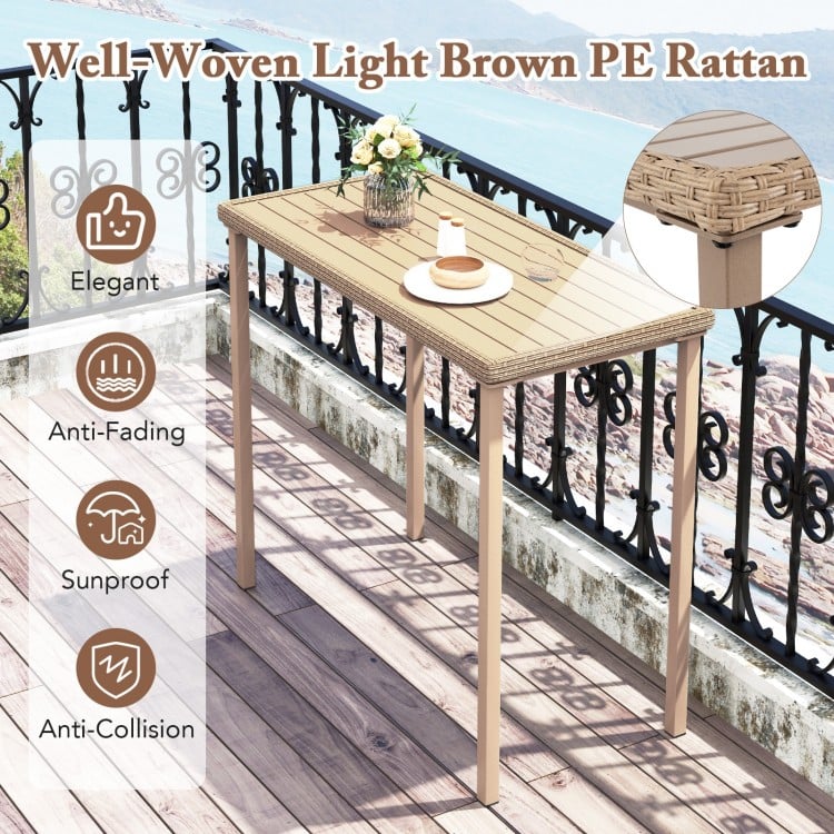 Well-woven light brown PE rattan patio bar table set with sturdy metal frame, ideal for backyard and poolside.