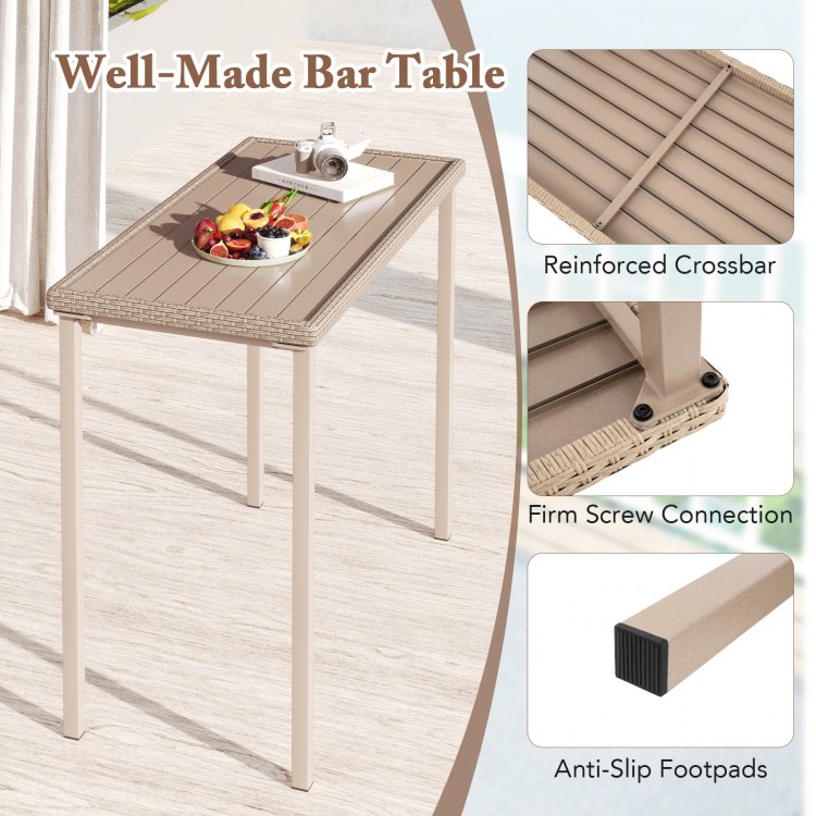Patio bar table with a rustic design, sturdy metal frame, and anti-slip foot pads, ideal for outdoor settings.