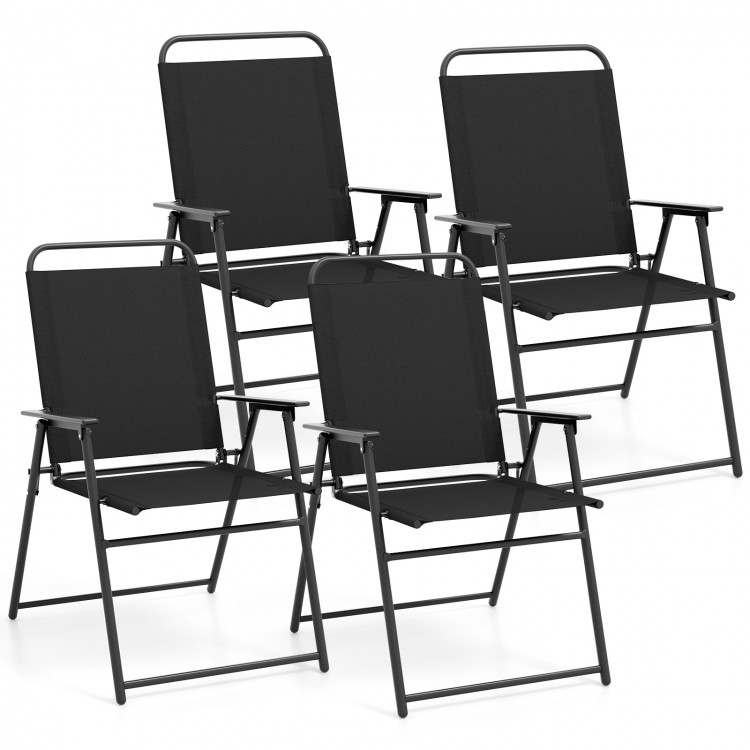 Set of 4 black outdoor folding sling chairs with armrests and backrests, perfect for convenient storage and outdoor use.