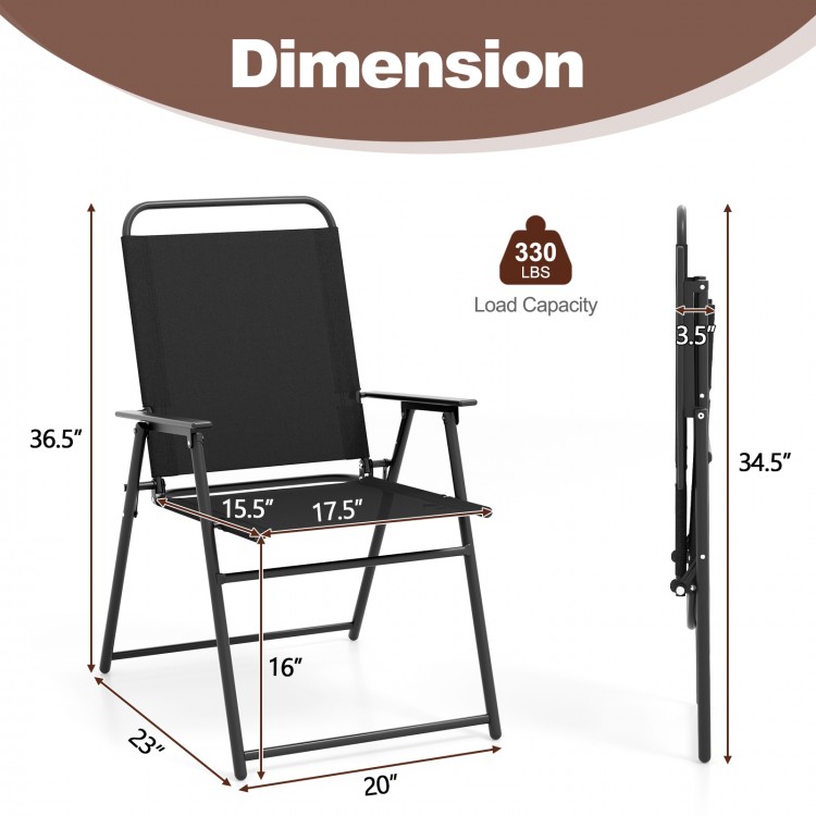 Black outdoor folding sling chair dimensions showing 330 lbs load capacity, ideal for convenient storage and outdoor.