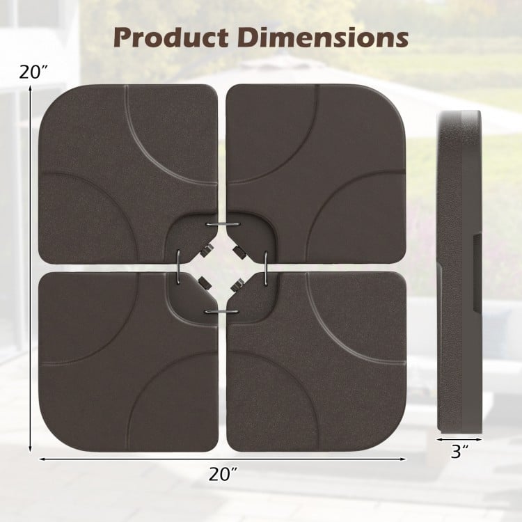 Product dimensions of the 20-inch patio offset umbrella base plates, showing four detachable plates stacked for storage.