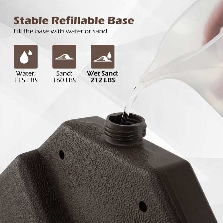 Close-up of the 20-inch patio umbrella base showing the fill spout for water or sand, designed for stability in outdoor.
