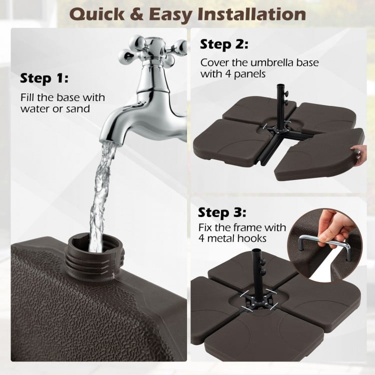 Detachable 20-inch patio umbrella base plates being filled with water for stability in outdoor settings.