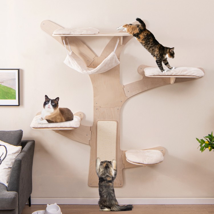 Wall-mounted cat tower featuring 4 padded platforms, a hammock, and a sisal scratching mat for playful relaxation.