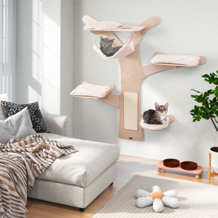 Wall-mounted cat tower with hammock and padded platforms, crafted from sturdy plywood for playful relaxation.