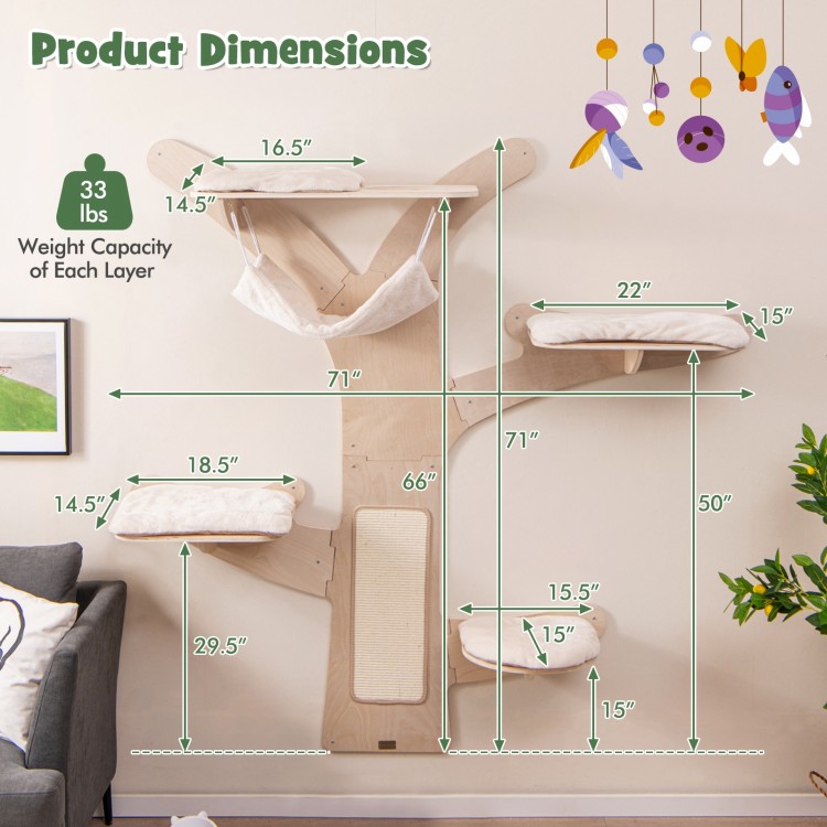Wall-mounted cat tower with 5 layers, including hammock and sisal scratching mat, designed for space-saving relaxation.