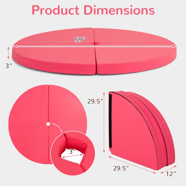 Round pink pole dance crash mat with high-density EPE foam, measuring 59" diameter x 3" thick, ideal for yoga and.