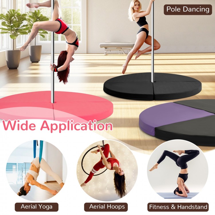 Round pink pole dance crash mat with EPE foam, 59" diameter, ideal for yoga, tumbling, and home gym use.