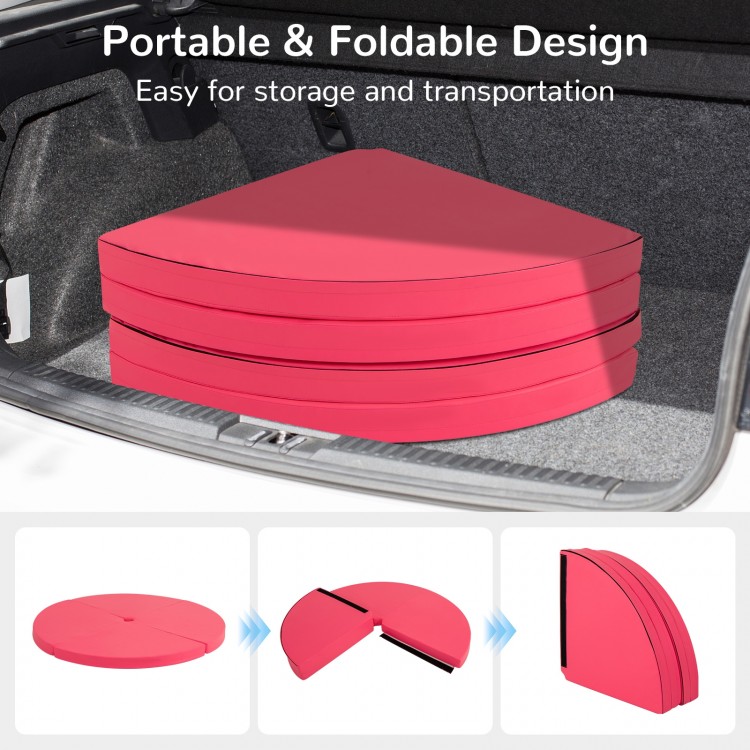 Round pink pole dance crash mat with EPE foam, foldable design for easy storage and portability, ideal for yoga and.