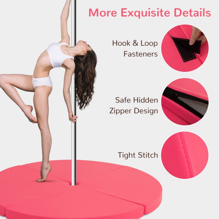 Round pink pole dance crash mat with high-density EPE foam, waterproof cover, and secure hook and loop fasteners for.