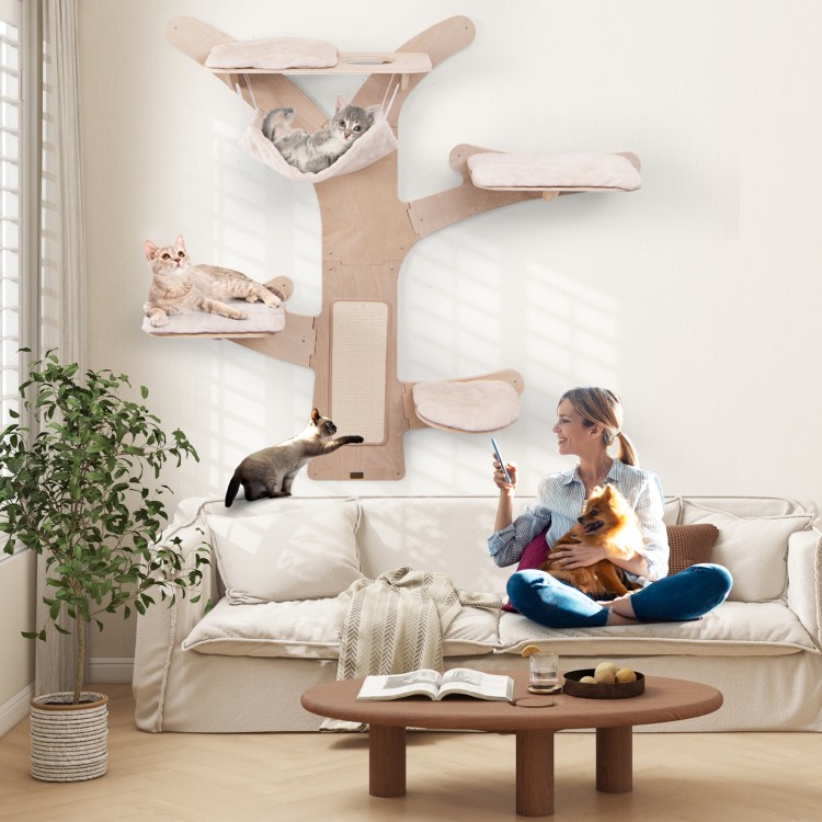 Wall-mounted cat tower with hammock and sisal scratching mat, featuring 5 layers for play and relaxation in natural.