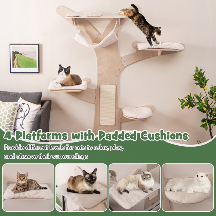 Wall-mounted cat tower featuring 4 padded platforms and a hammock for comfortable play and relaxation.