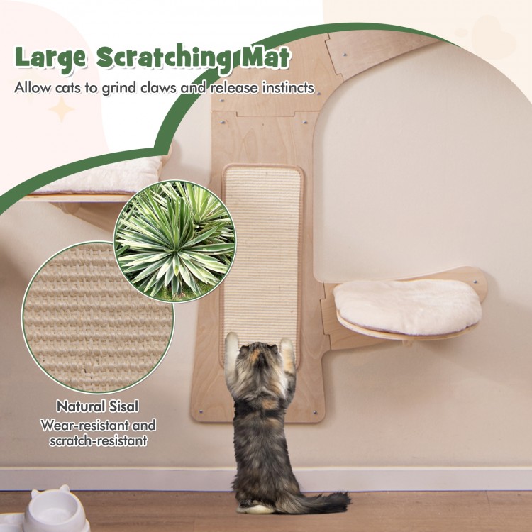 Large sisal scratching mat on a wall-mounted cat tower, designed for claw grinding and instinct release.
