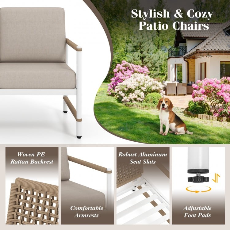 Stylish patio chair with woven PE rattan backrest, aluminum frame, and comfortable armrests, perfect for outdoor.
