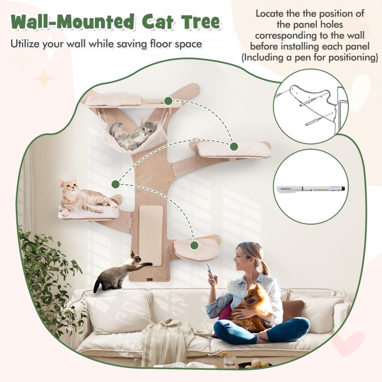 Wall-mounted cat tower featuring 5 layers, hammock, and sisal scratching mat for space-saving feline relaxation.