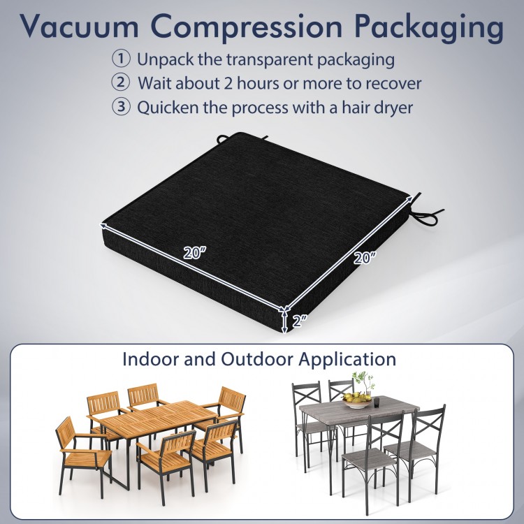 Black outdoor chair cushion set of 2, 20" x 20" x 2", waterproof and fade-resistant, ideal for indoor and outdoor use.