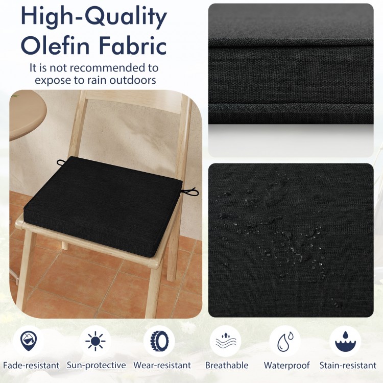 Black outdoor chair cushion showcasing waterproof olefin fabric, fade-resistant, and designed for comfort and style.