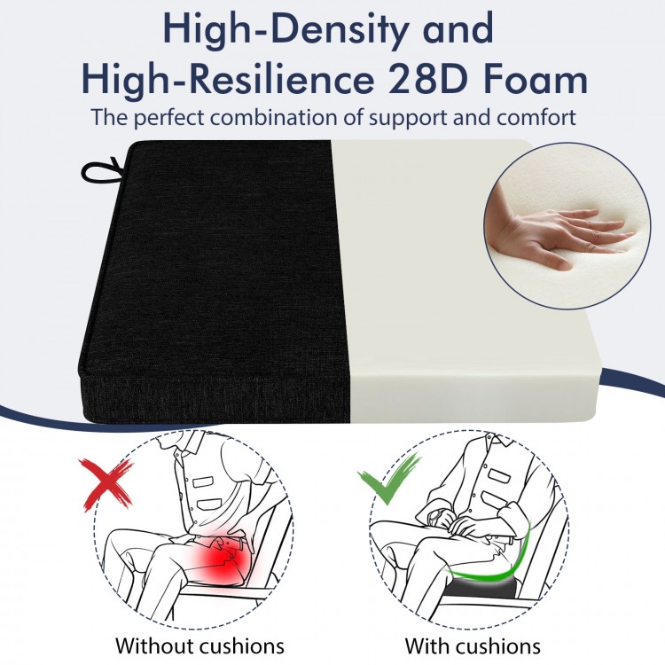 Black outdoor chair cushion set of 2, made of waterproof olefin fabric with high-density 28D foam for comfort.