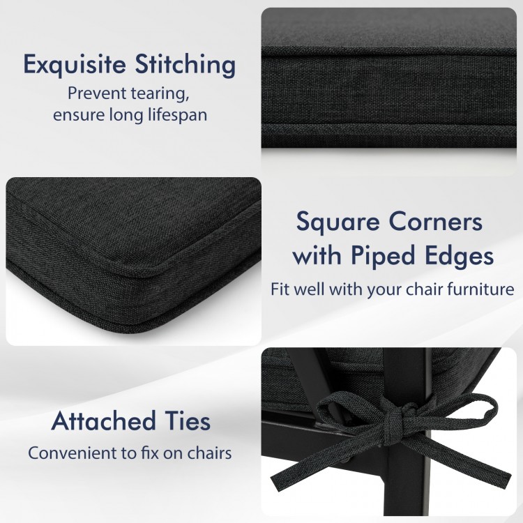 Black outdoor chair cushion set of 2, featuring exquisite stitching, square corners, and attached ties for secure.