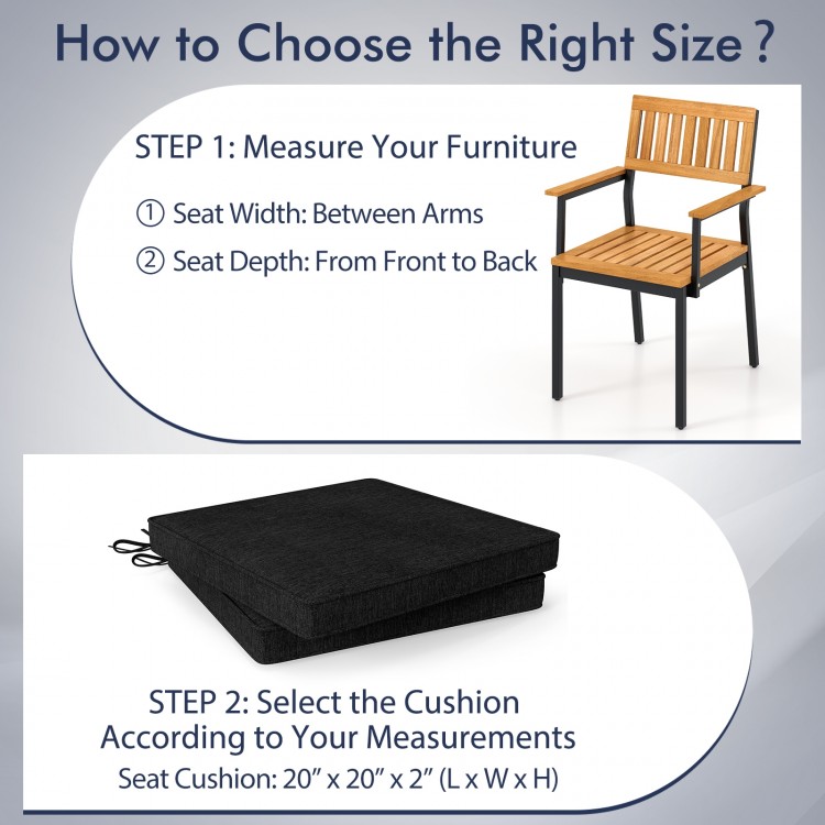 Black outdoor chair cushion set of 2, 20" x 20" x 2", waterproof and fade-resistant, ideal for indoor or outdoor use.