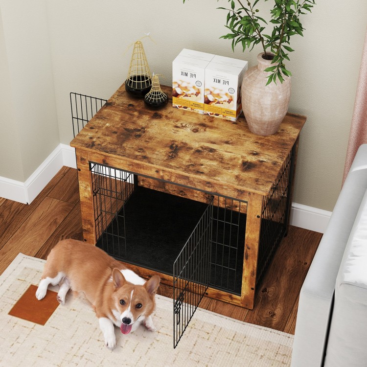 Dog crate furniture with double doors and cushion, ideal for small/medium dogs, serving as an end table in a cozy.