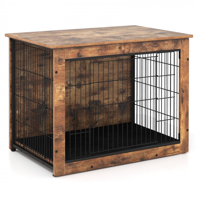 Dog crate furniture with double doors and cushion, designed for small/medium dogs, also functions as an end table.