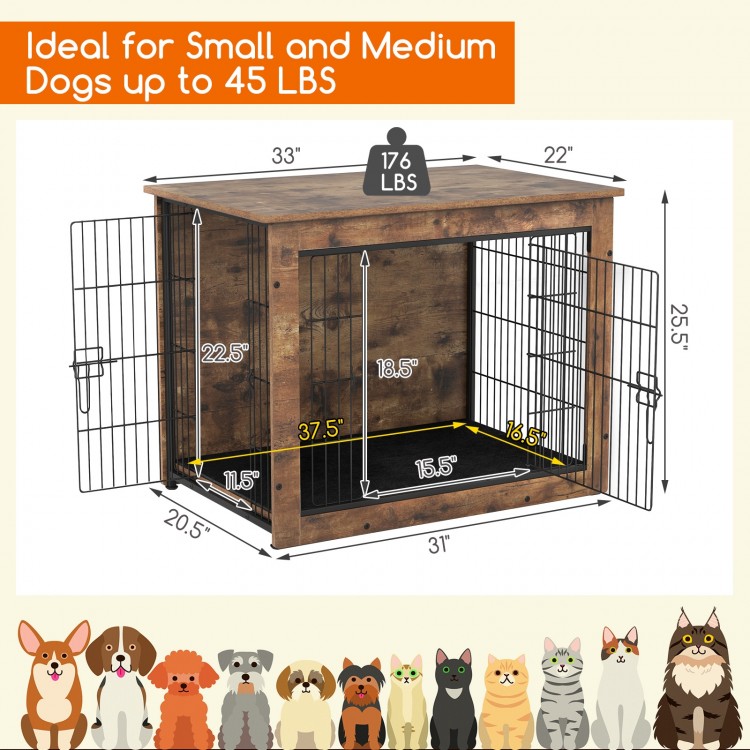 Dog crate furniture with double doors, 33 inches, includes a padded cushion for small to medium dogs, ideal for cozy.