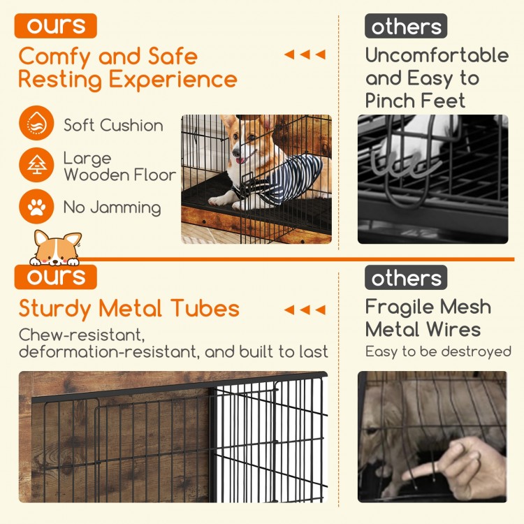 Dog crate furniture with a large padded cushion and sturdy metal frame, ideal for small to medium dogs.