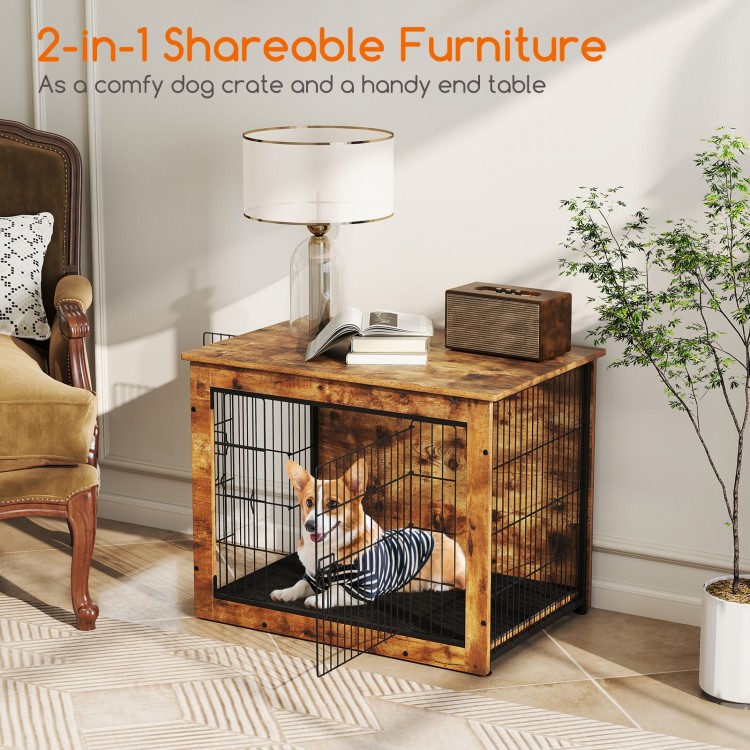 Comfy dog crate furniture with cushion and double doors, ideal for small/medium dogs, also serves as a handy end table.