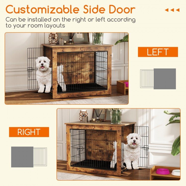 Dog crate furniture with customizable side door, featuring a large front door and padded cushion for small/medium dogs.