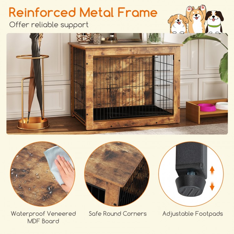 Dog crate furniture with double doors and cushion, featuring a reinforced metal frame and waterproof MDF board for.