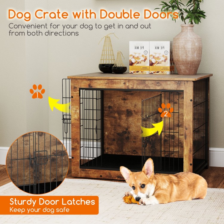 Dog crate furniture with double doors and cushion, ideal for small/medium dogs, serving as a cozy resting spot.