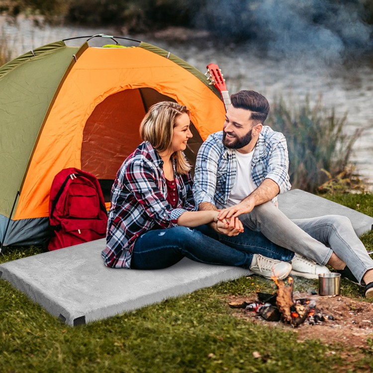 Lightweight portable gray memory camping mattress with plush flannel cover, ideal for outdoor camping and picnics.