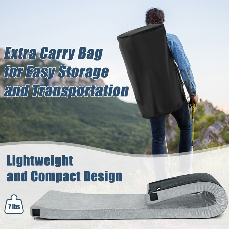 Lightweight portable memory camping mattress in gray with carrying bag, ideal for camping and outdoor adventures.