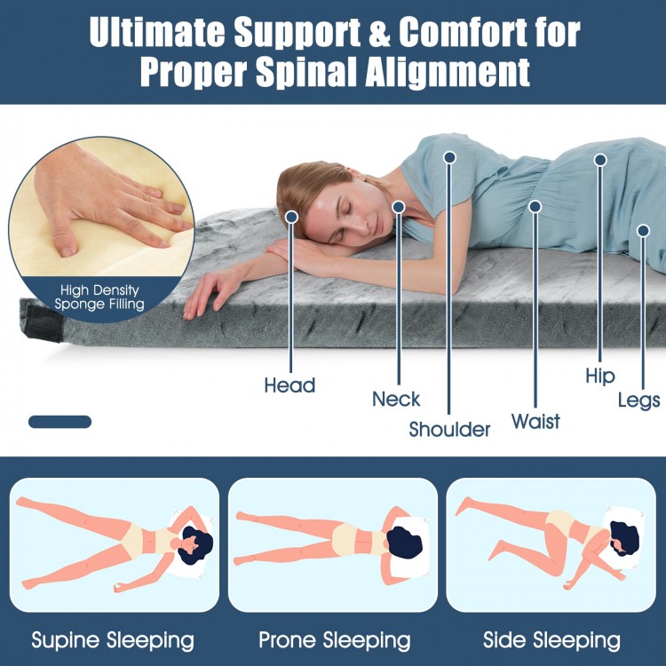 Lightweight portable memory camping mattress in gray with plush flannel cover, ideal for camping and outdoor use.