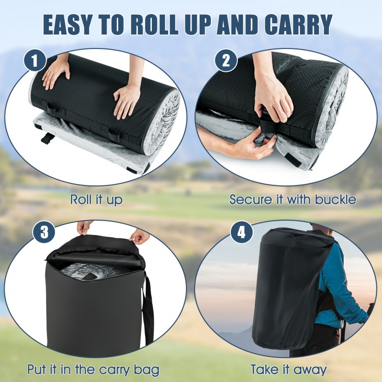 Lightweight portable memory camping mattress rolled up in a carrying bag, ideal for camping and outdoor activities.