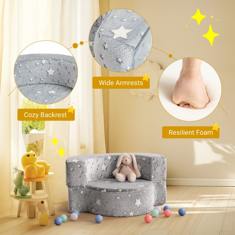 Cozy gray 2-in-1 toddler chair with star patterns, featuring resilient foam, wide armrests, and a removable cover.