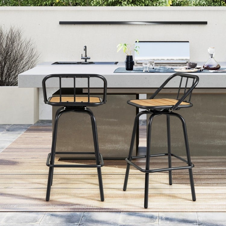Set of 2 black and natural 360° swivel bar stools with backrest and footrest, ideal for kitchen or dining areas.