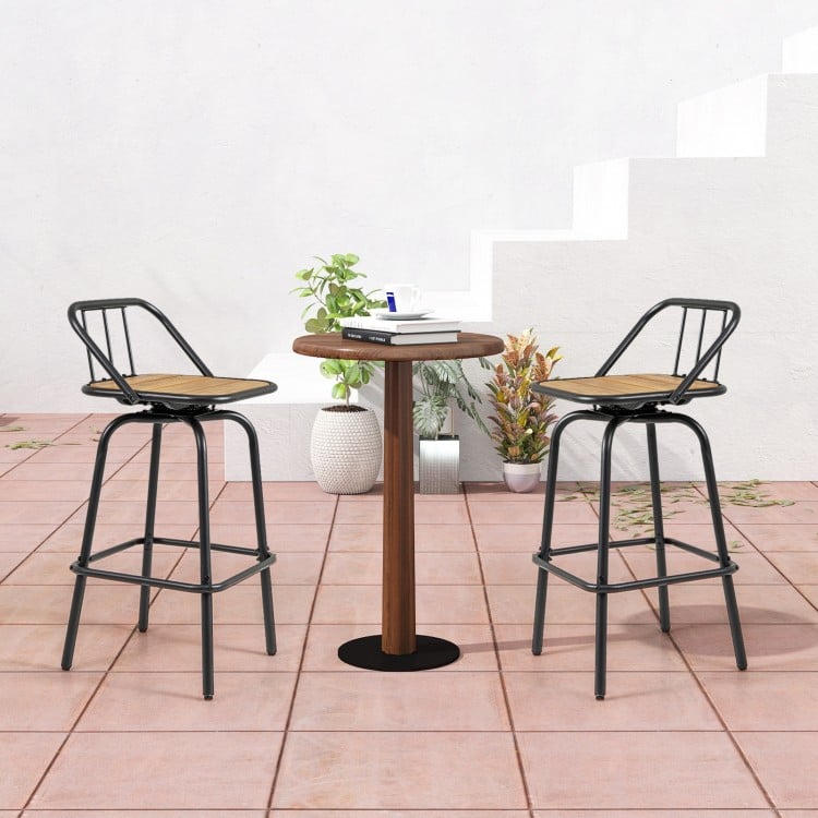 360° swivel bar stool set of 2 with black metal frame and natural wood seats, perfect for dining or kitchen use.